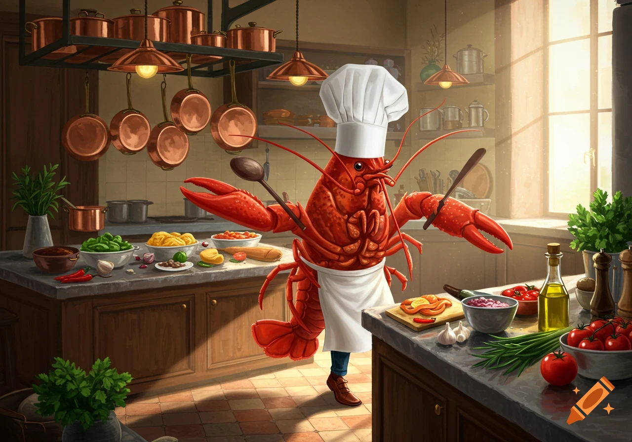 A red lobster wearing a chef's hat and apron stands in a rustic kitchen, holding cooking utensils.