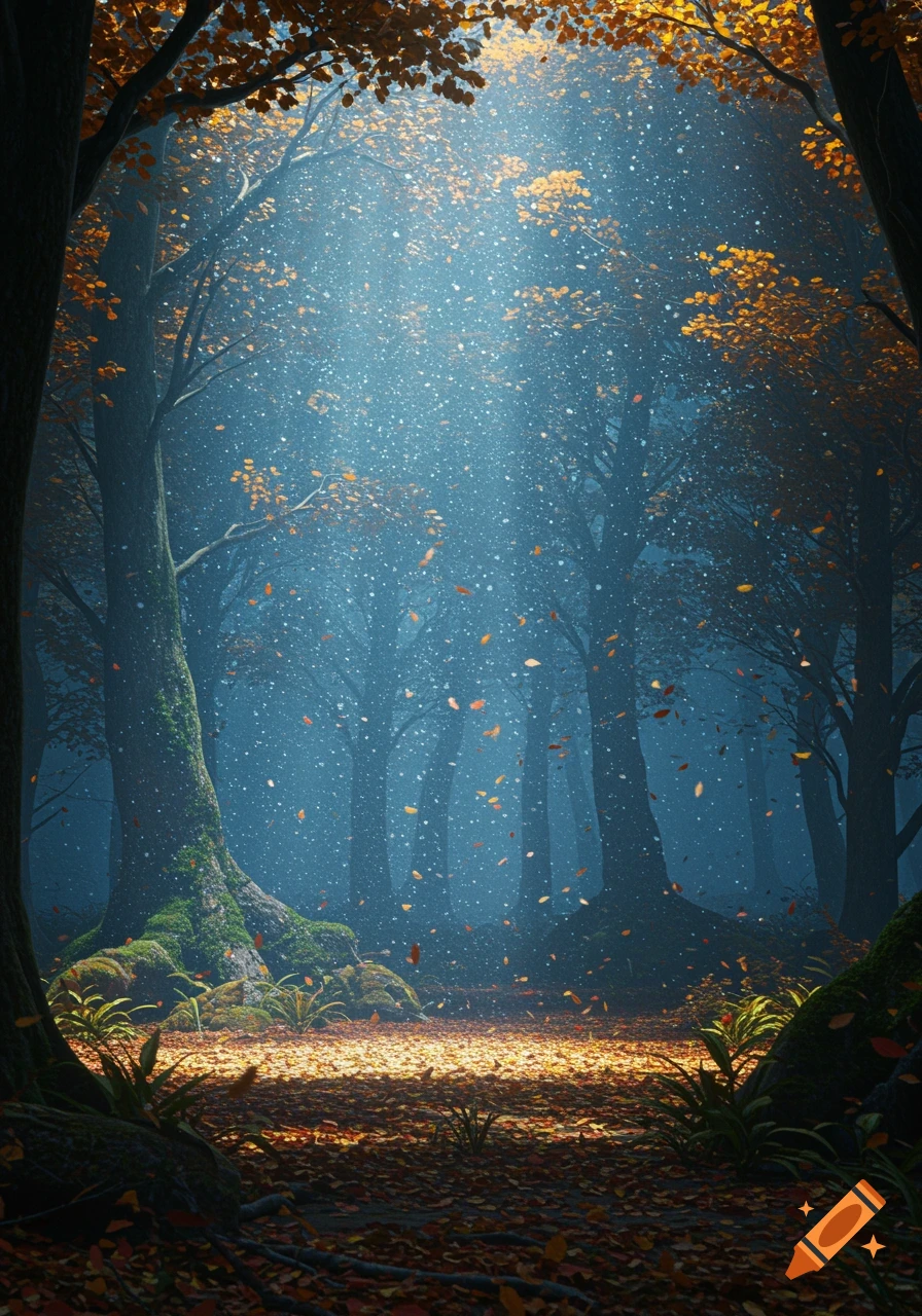 Magical forest scene with rays of light illuminating autumn leaves on the ground, glowing particles float in the air.