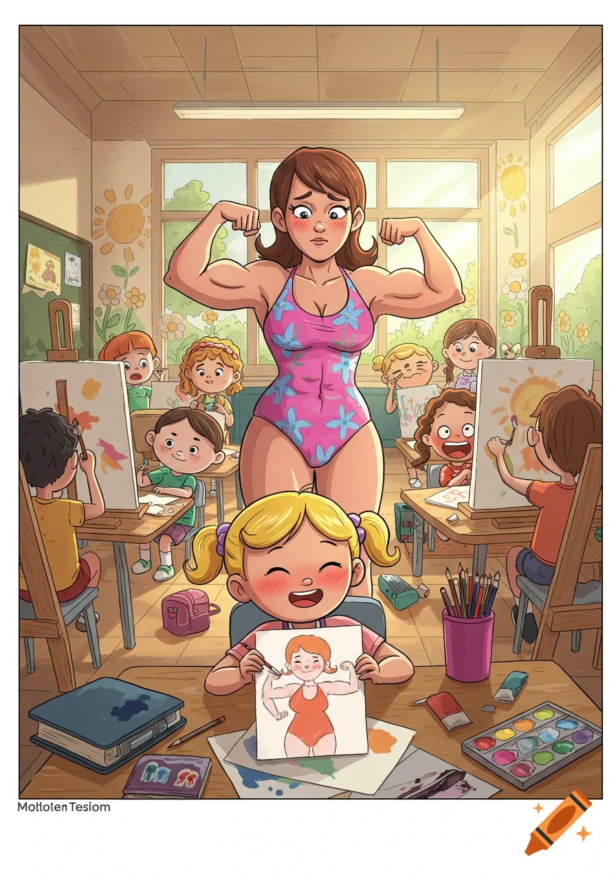 A muscular female teacher in a swimsuit flexes her arms in a classroom while children paint. A girl in the foreground holds up her drawing of the teacher.