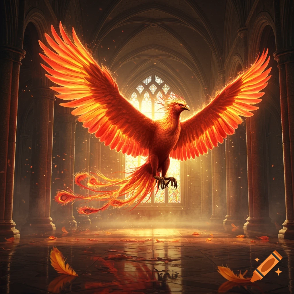 A majestic fiery orange phoenix with large wings spread, soaring in a grand cathedral with stained glass windows.