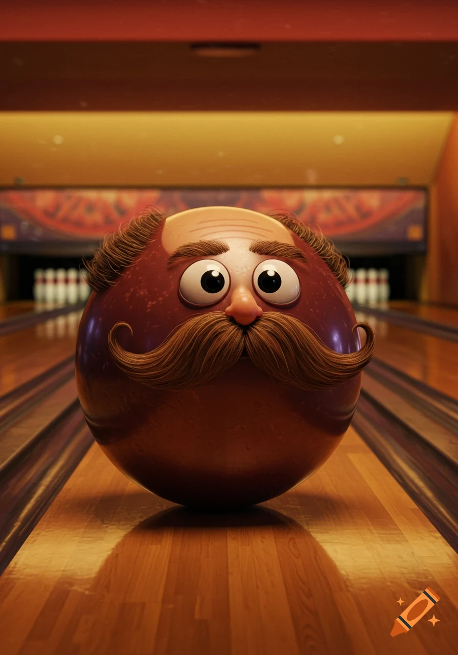 A whimsical bowling ball with a mustache, balding head, and googly eyes sits on a wooden bowling lane, facing pins.