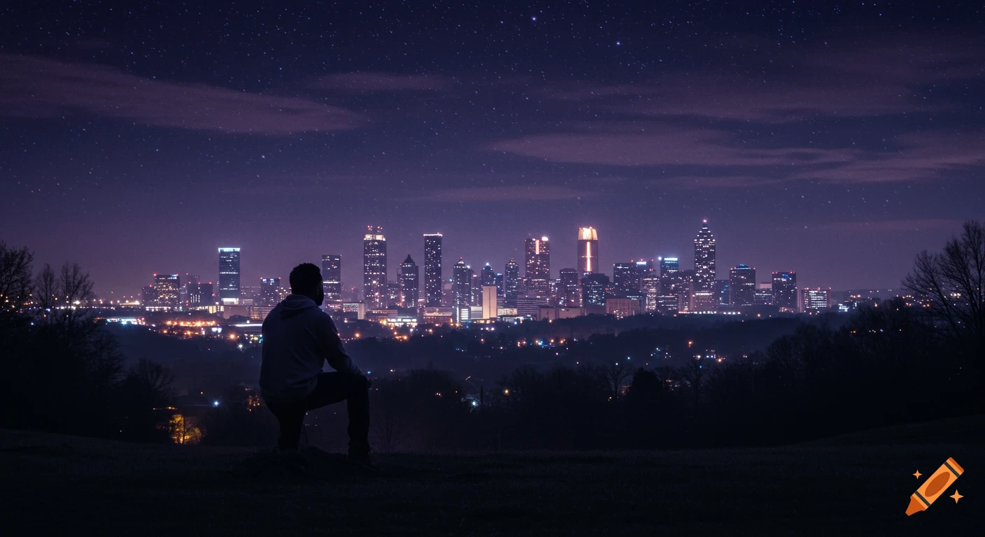 A contemplative Black man sits on a grassy hill, overlooking a glowing city skyline under a starry purple night sky.