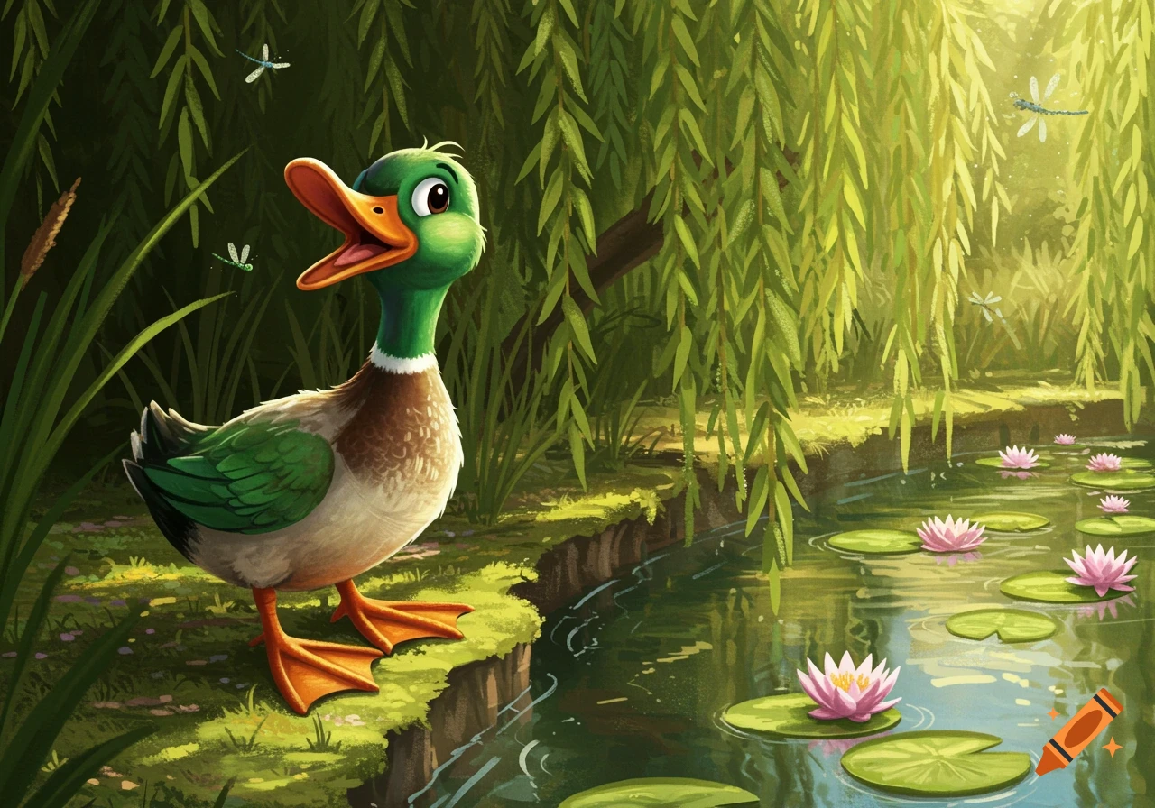 A cheerful cartoon duck with green head and brown body stands by a sunny pond with pink water lilies and weeping willow trees. Dragonflies fly overhead.