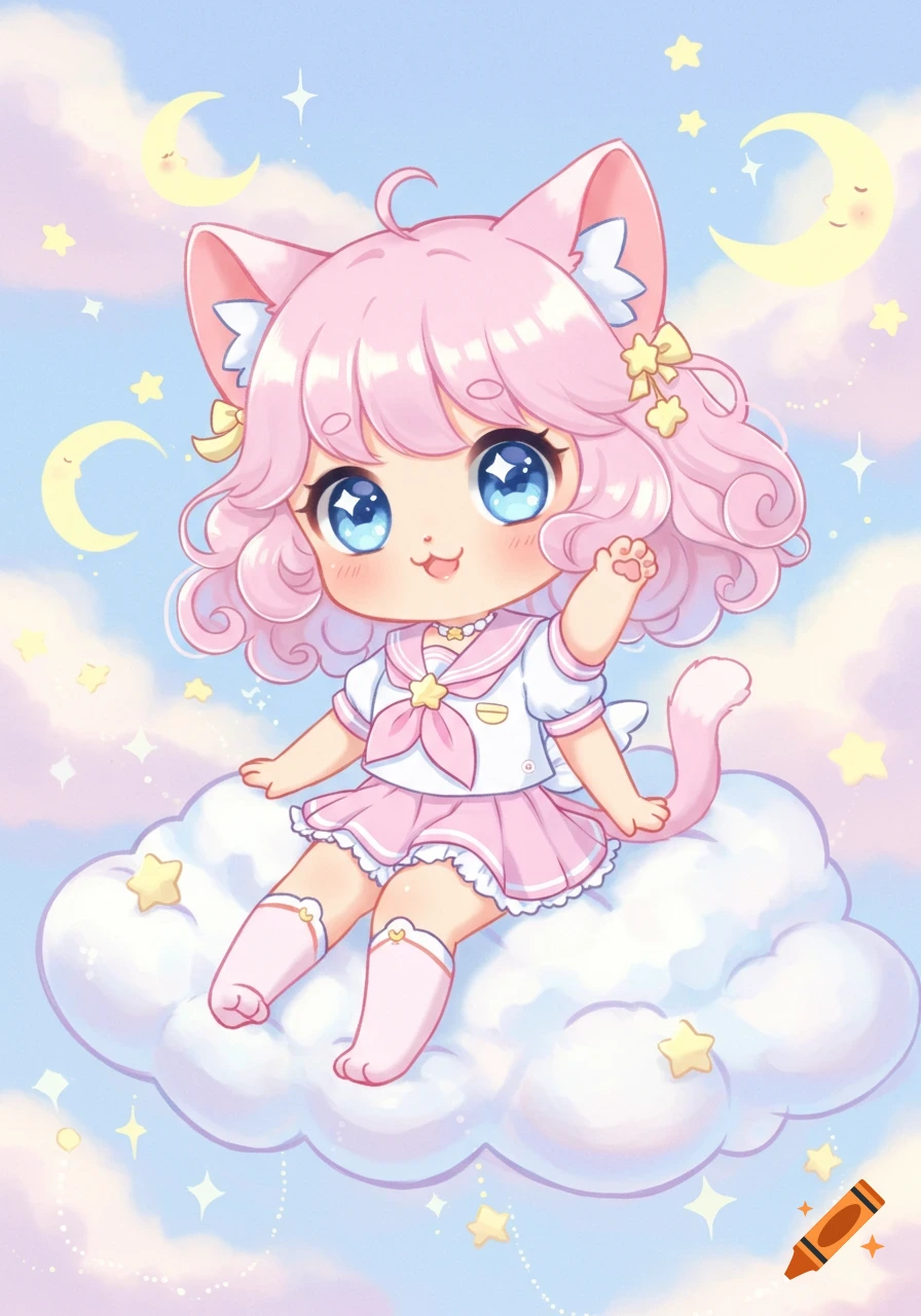 A cute chibi cat girl with pink hair and blue eyes, wearing a pink and white sailor dress, sits on a fluffy white cloud amidst a pastel sky with moons and stars.