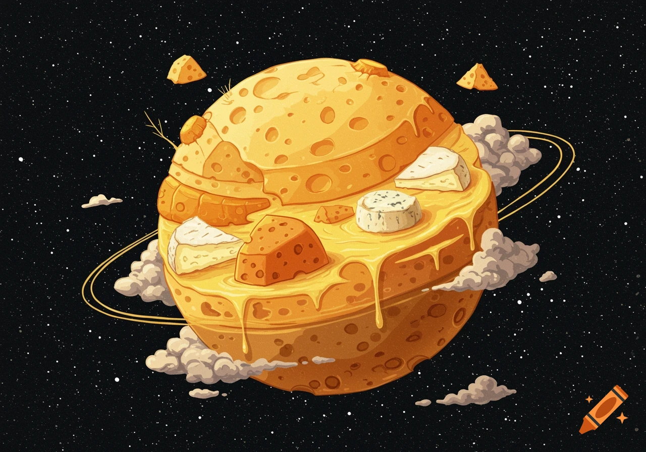 An illustrated cheese planet with various cheese blocks and melting cheese on its surface, orbiting in a starry space with rings and clouds.