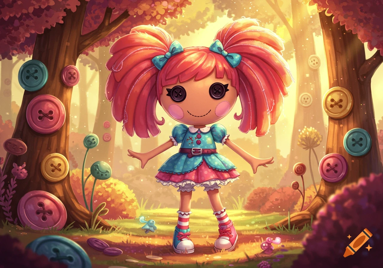 Colorful cartoon doll with pink pigtails and button eyes in a blue dress stands in a whimsical forest adorned with giant buttons.
