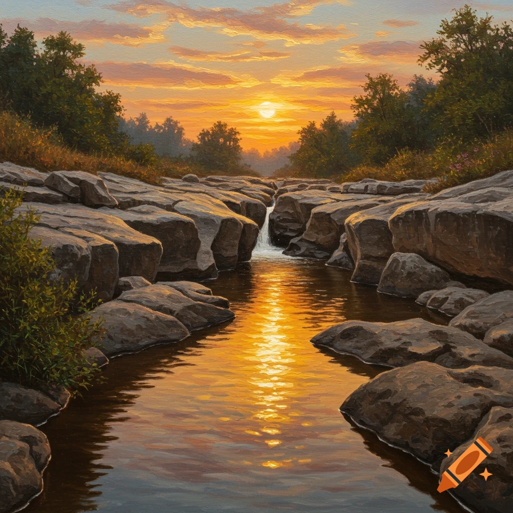 A vibrant painting of a rocky creek at sunset, with golden light reflecting on the water surrounded by trees.