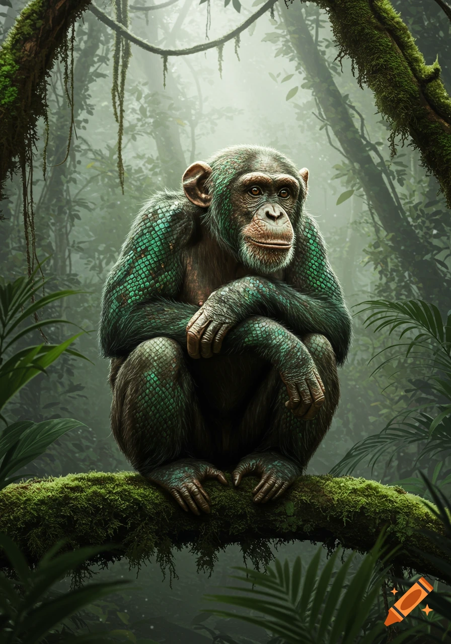 A chimpanzee with green snake scales sits on a mossy branch in a misty jungle. Photorealistic style.