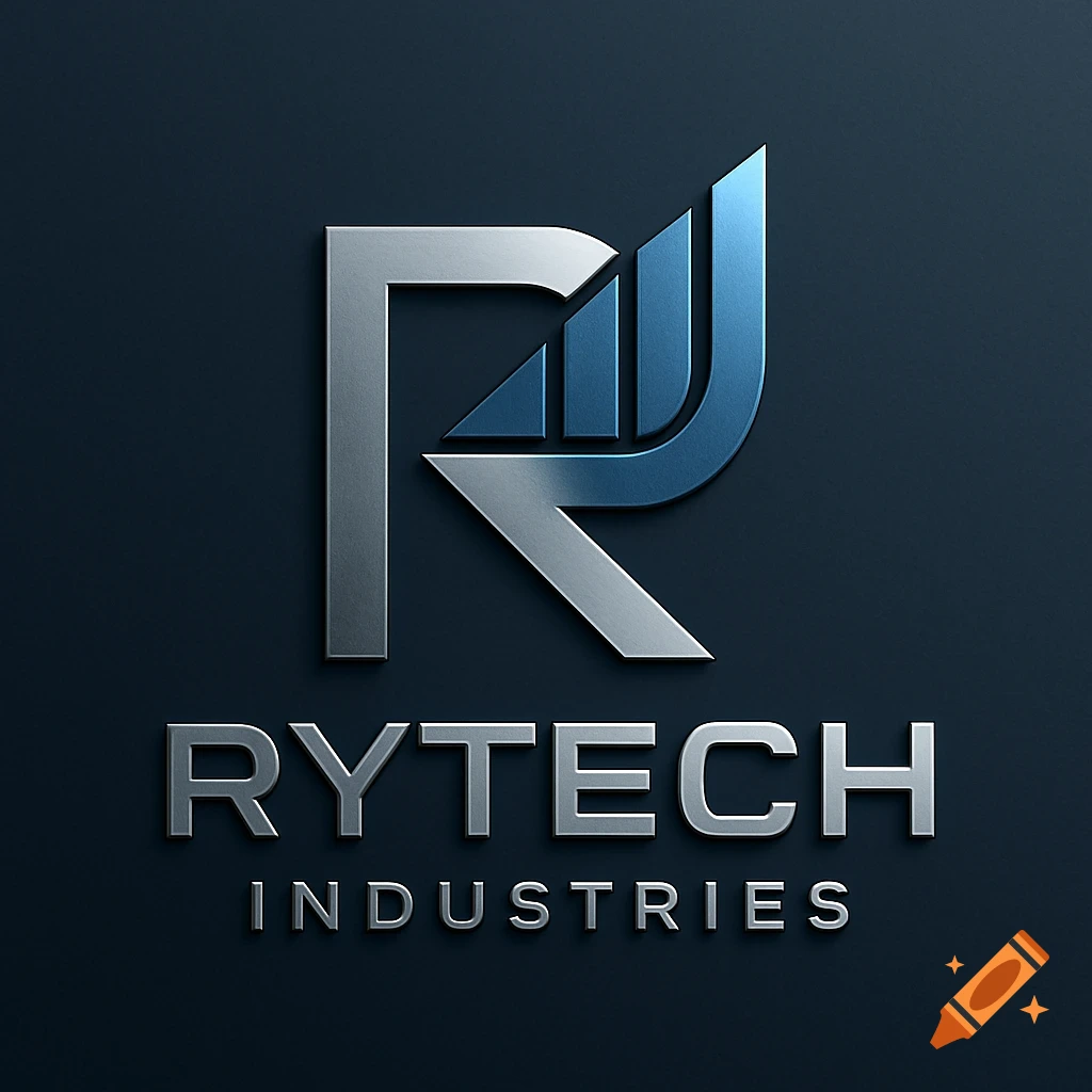 A metallic silver and blue logo featuring a stylized letter 'R' with bar graph elements, above the words "RYTECH INDUSTRIES" in a bold, metallic font on a dark background.