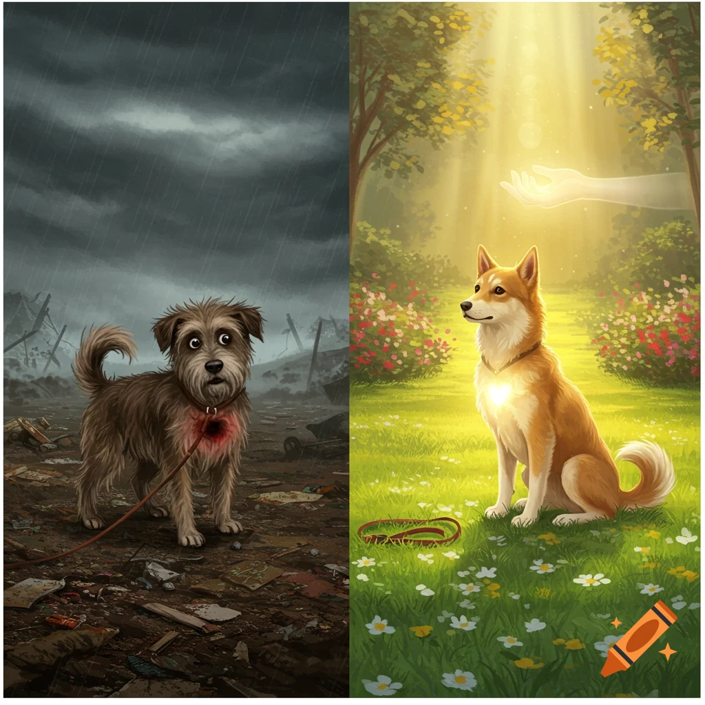Split image: a scruffy dog in a desolate rainy landscape on the left, and a serene dog in a sunny, lush garden with a glowing hand on the right, symbolizing transformation.
