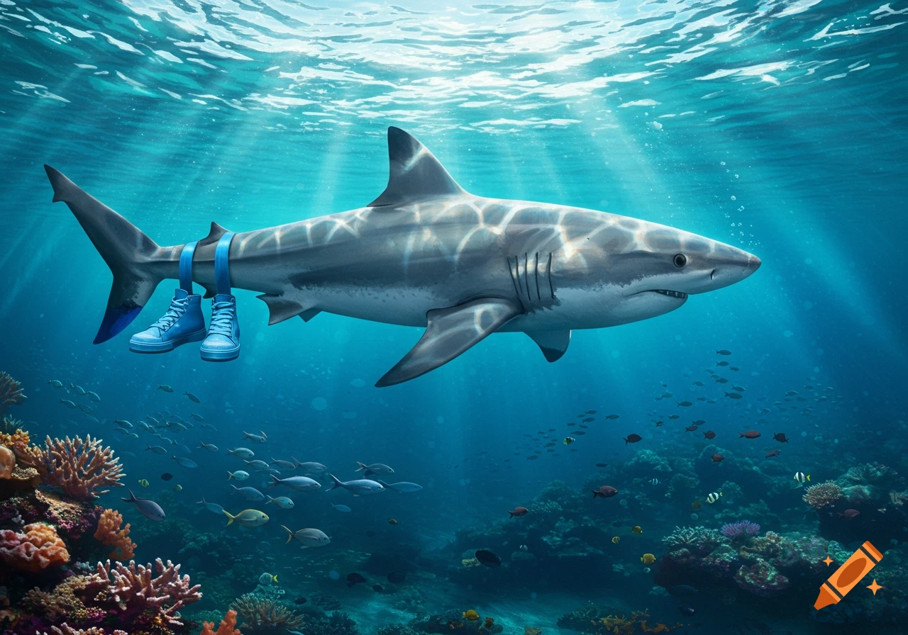 A photorealistic image of a shark swimming underwater with a pair of blue high-top sneakers strapped to its tail fin, with sunlight streaming from the surface onto coral reefs and other fish below.