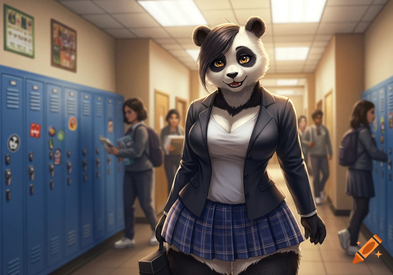 A female panda furry student in a blazer and plaid skirt stands in a high school hallway with blue lockers, digital art.