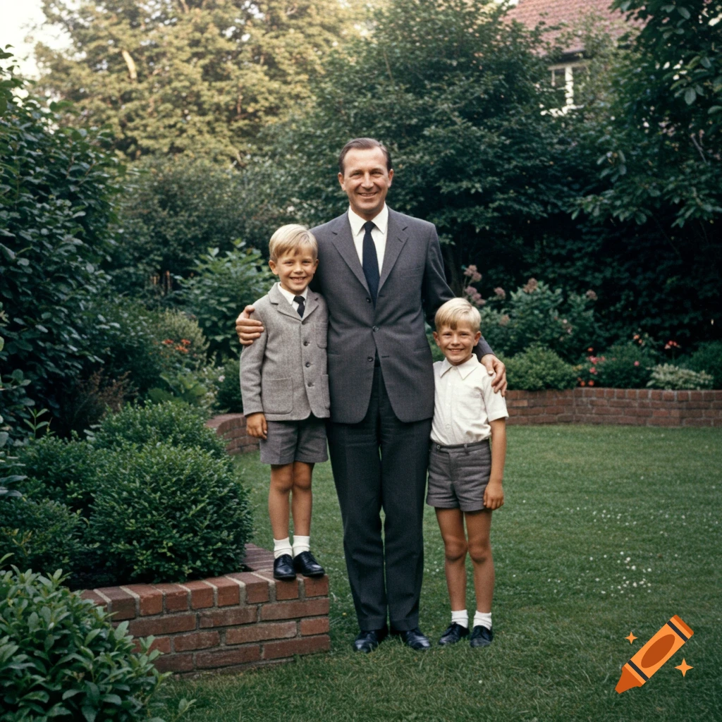 A man and two young boys smile for a portrait in a lush garden, captured in a vintage 1960s style.