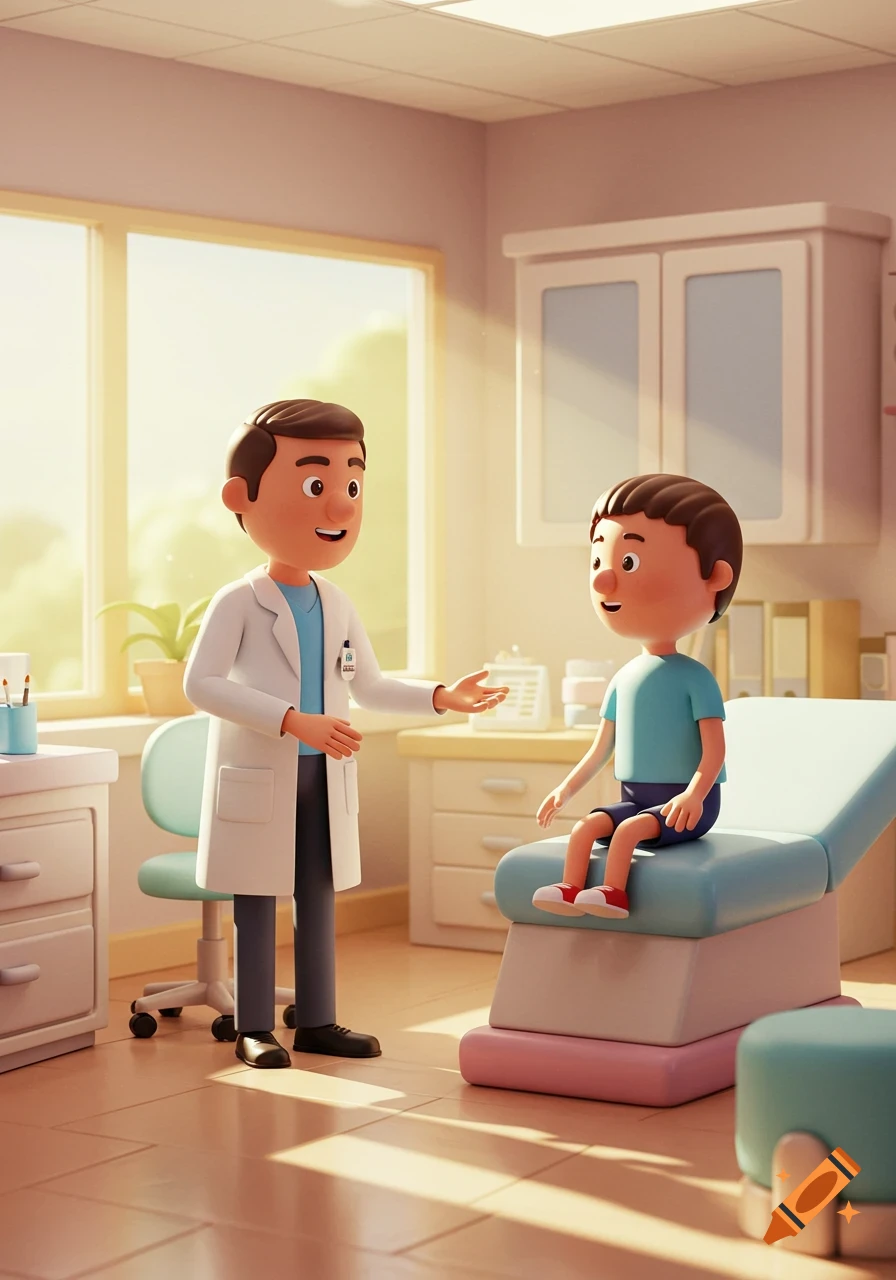 A friendly cartoon doctor speaks to a young boy patient in a bright, modern clinic.