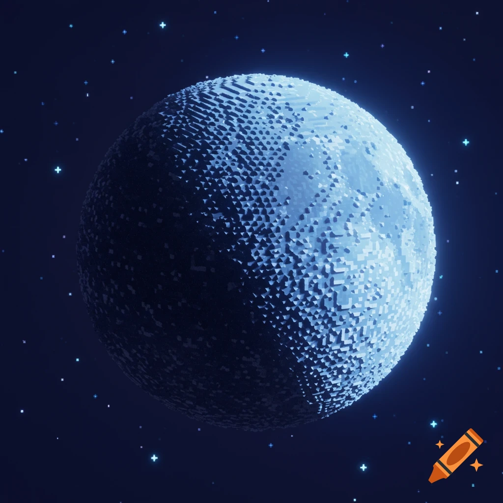 A blue pixelated moon glows in a dark starry space.
