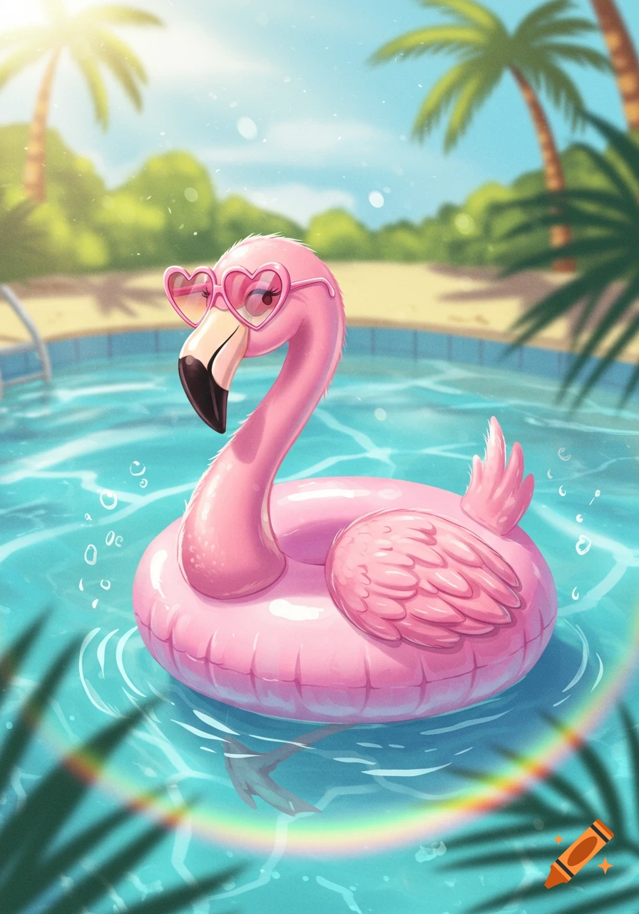 A cartoon pink flamingo wearing heart-shaped sunglasses floats in a swimming pool with palm trees in the background.