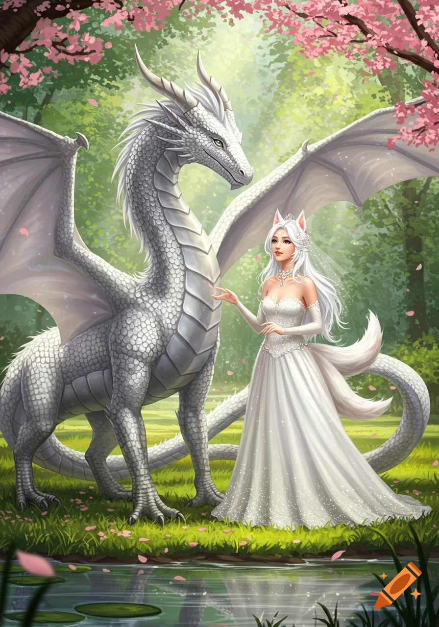 A white dragon and a white-haired Kitsune woman in a wedding dress stand together in a lush forest with pink blossoms.