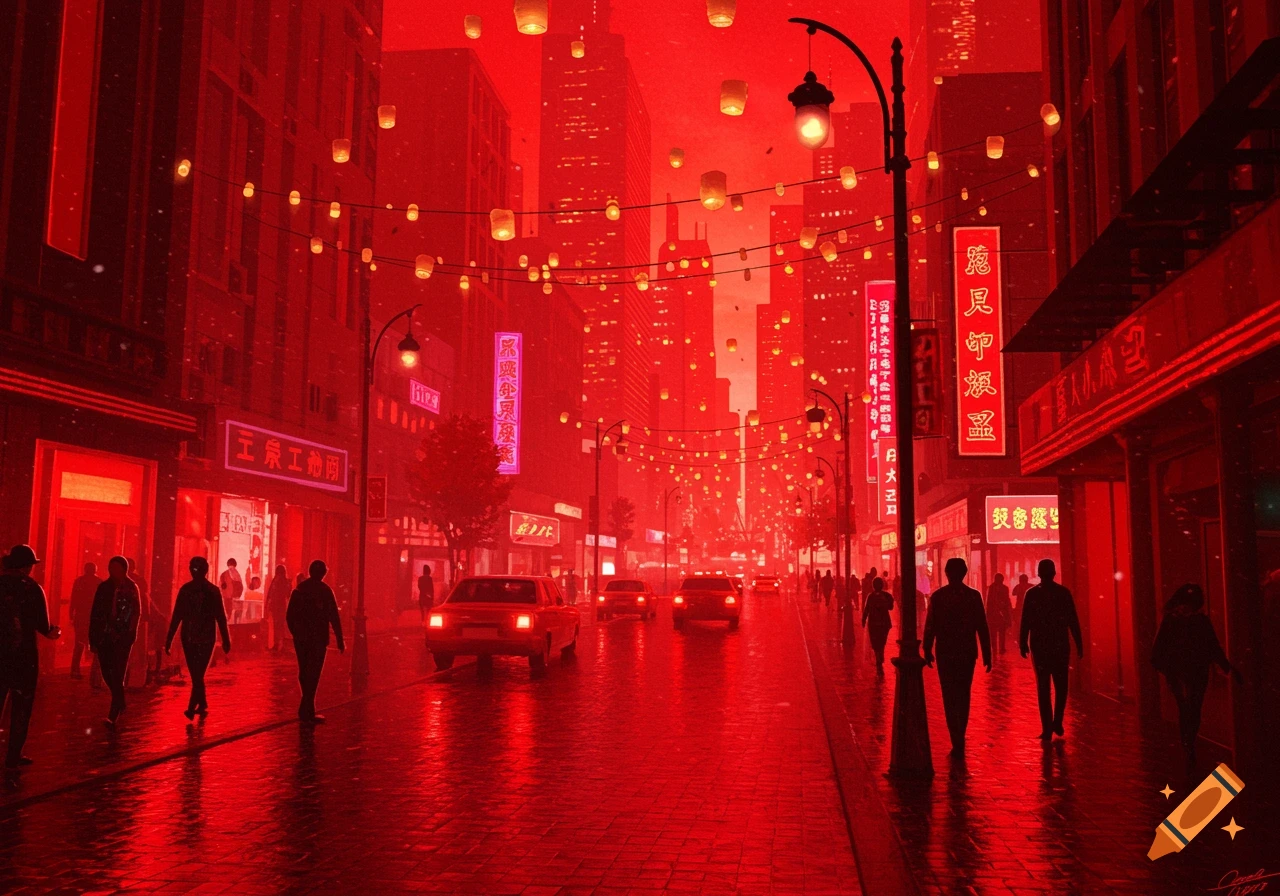 A bustling city street at night, illuminated by a dominant red hue from neon signs and glowing lanterns strung overhead. Silhouetted pedestrians walk on wet pavement, and cars drive down the street.