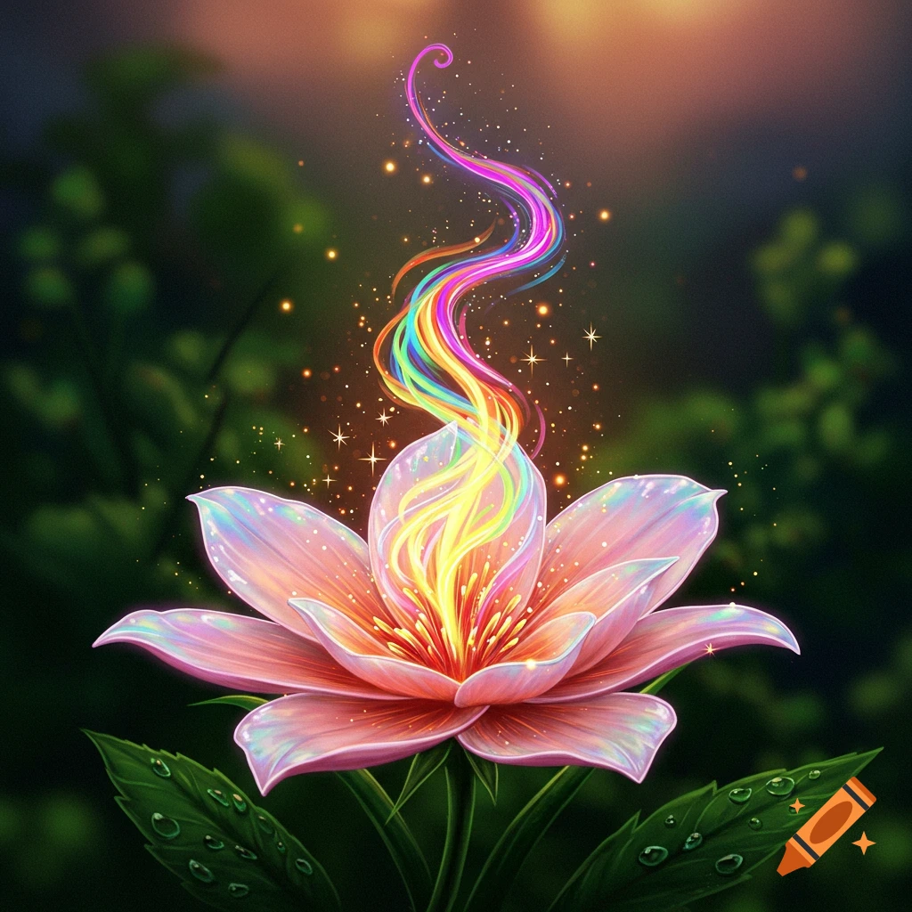 A vibrant fantasy flower with iridescent pink petals, glowing with a swirling rainbow flame and sparkling energy in a magical garden.