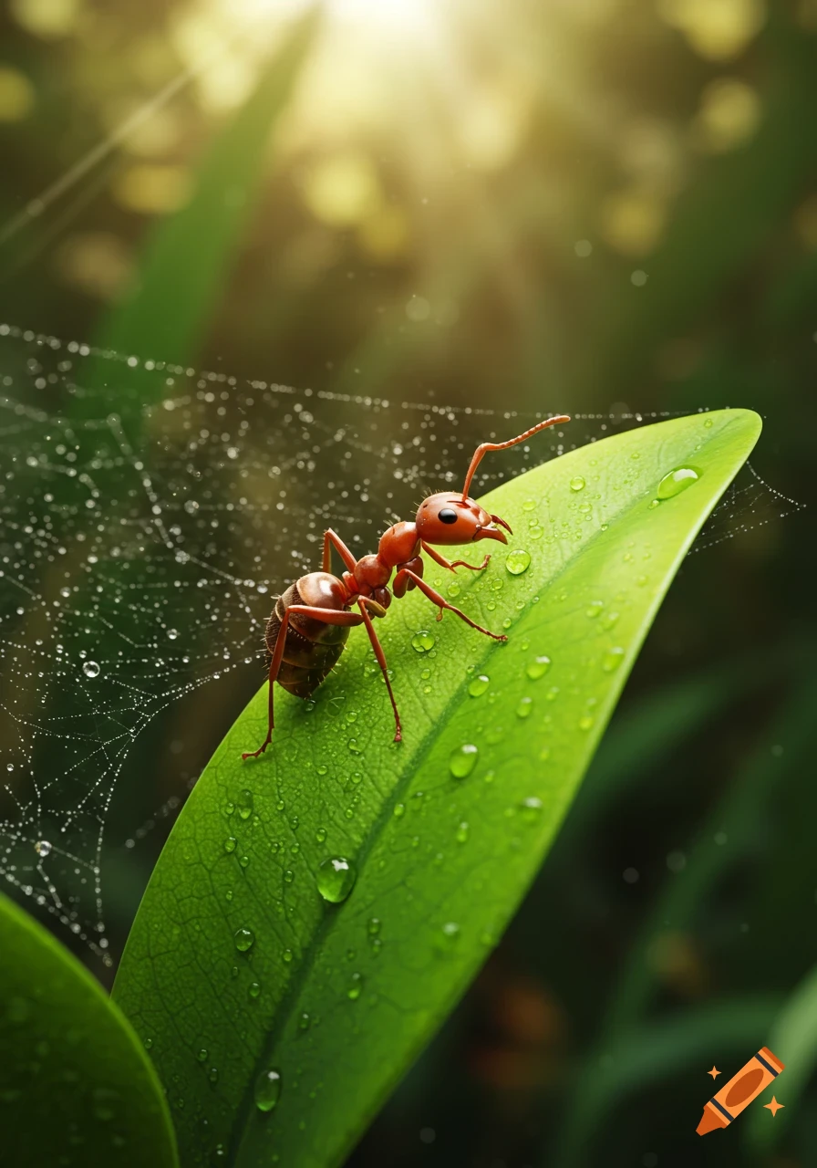Photorealistic close-up of a red ant on a green leaf with water droplets and a dew-covered spiderweb.