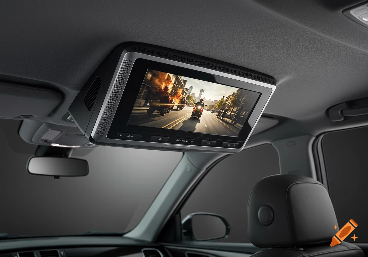 Detailed view of a car interior with an overhead DVD player screen displaying a motorcycle chase scene.