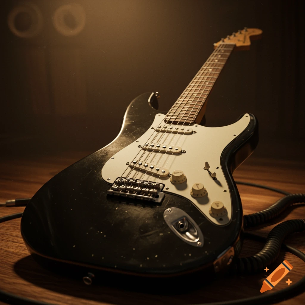 A black Fender Stratocaster electric guitar lies on a wooden floor, dimly lit with a moody atmosphere.