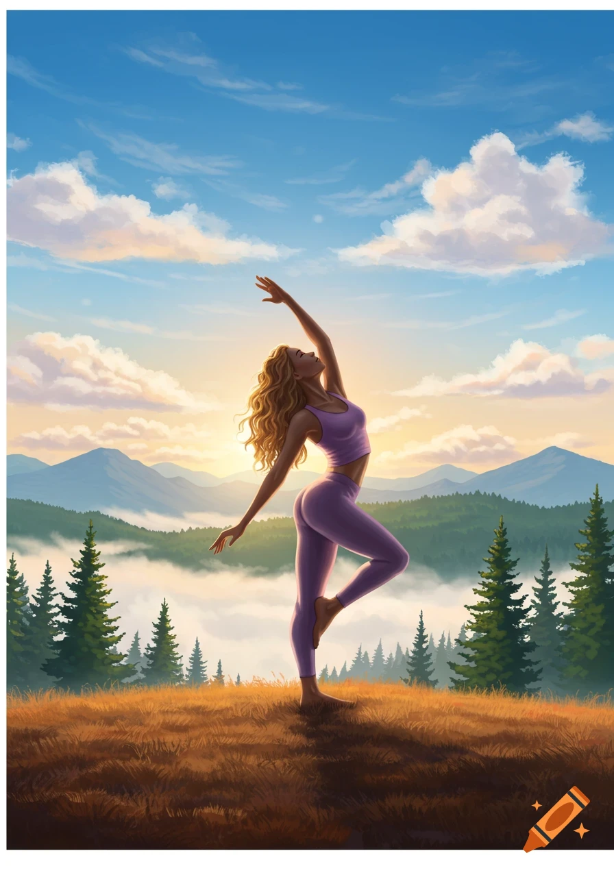 Illustration of a woman in purple yoga attire striking a pose on a grassy hilltop overlooking misty mountains at sunrise.
