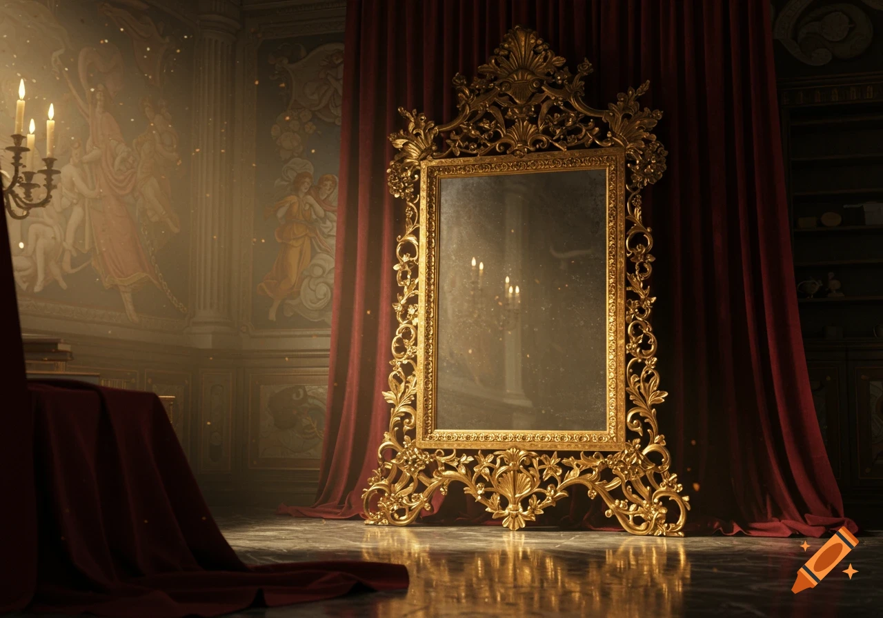An ornate, gilded mirror stands in a grand room with red drapes, a candelabra, and classical wall murals.