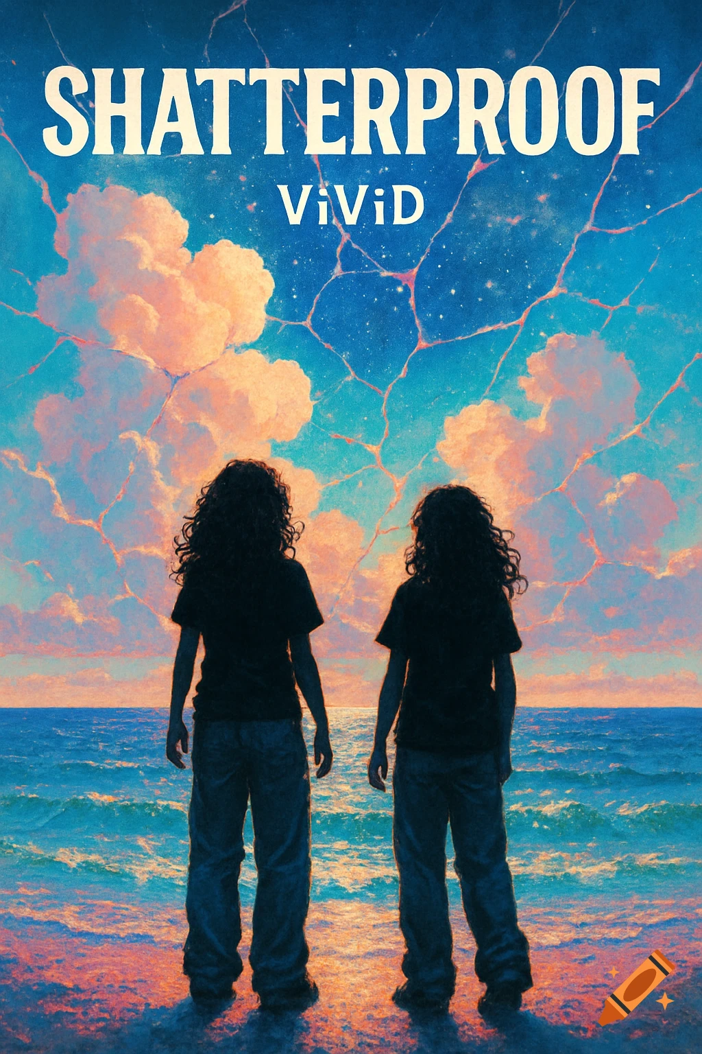 Two girls in silhouette on a beach facing a magical ocean and a shattered sky revealing stars, with 'SHATTERPROOF ViViD' text.