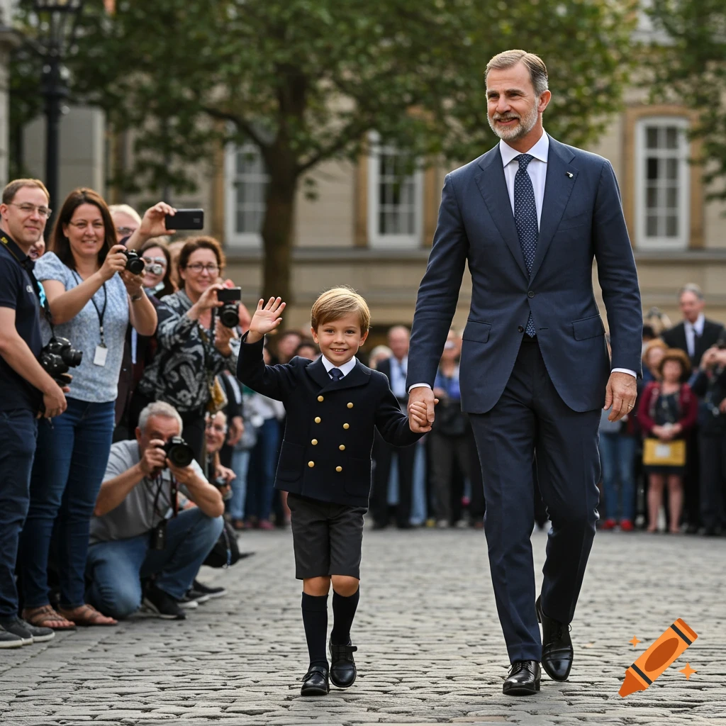 A man and a young boy in formal attire walk hand-in-hand on a cobblestone street, with the boy waving to a crowd of people holding cameras.