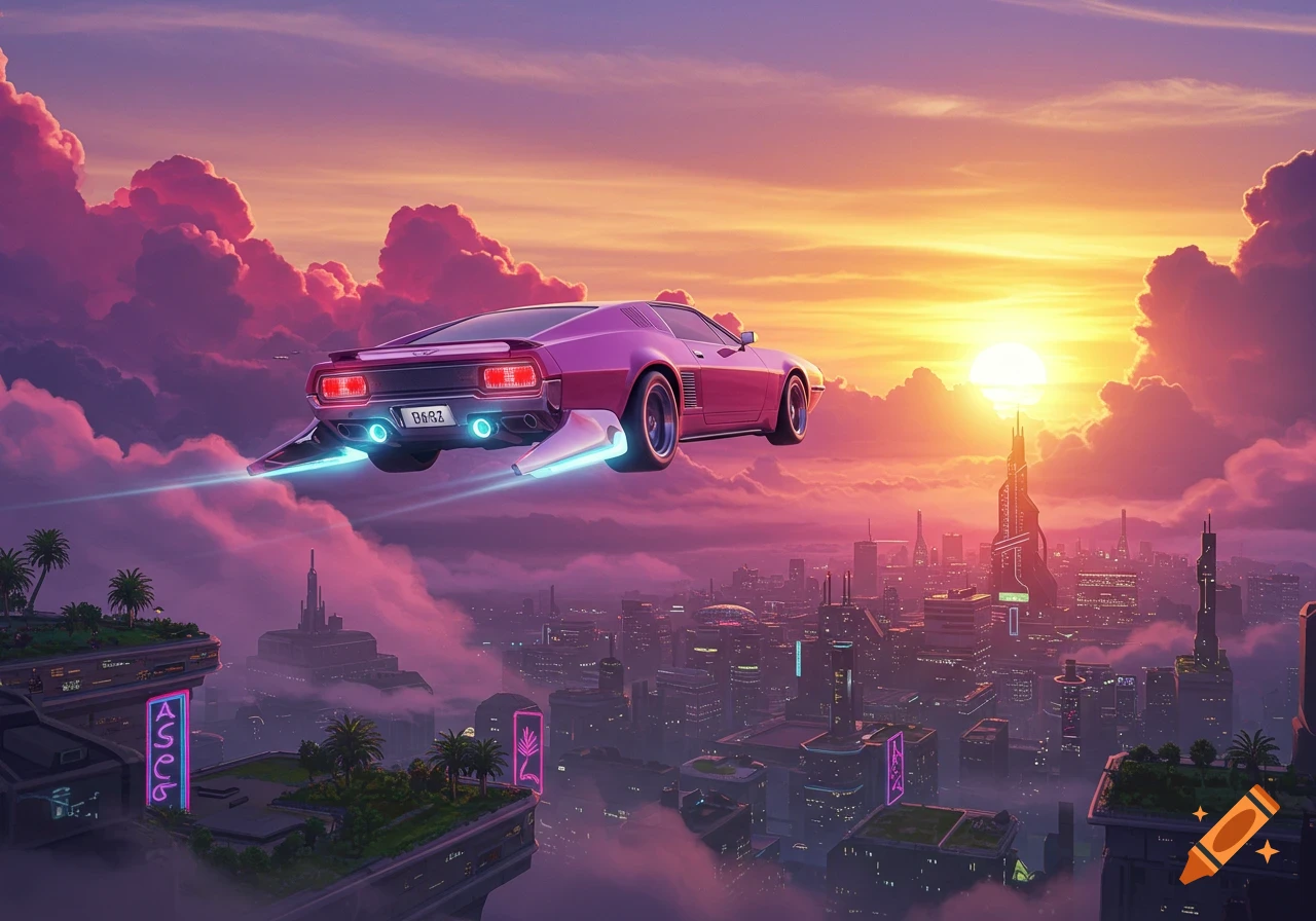 A vibrant pink flying car soars over a futuristic city at sunset, with neon signs and glowing clouds.