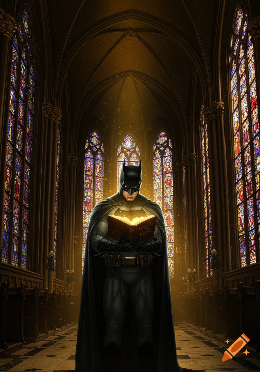 Batman stands in a gothic church, holding a glowing book amidst light streaming through stained glass windows.