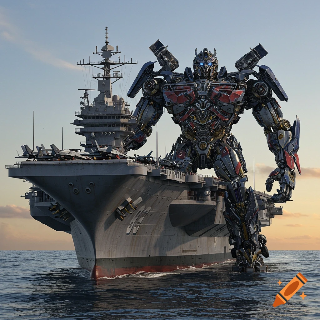 Photorealistic image of a large, detailed Optimus Prime-like robot standing on and next to a US Navy aircraft carrier in the ocean under a clear sky.