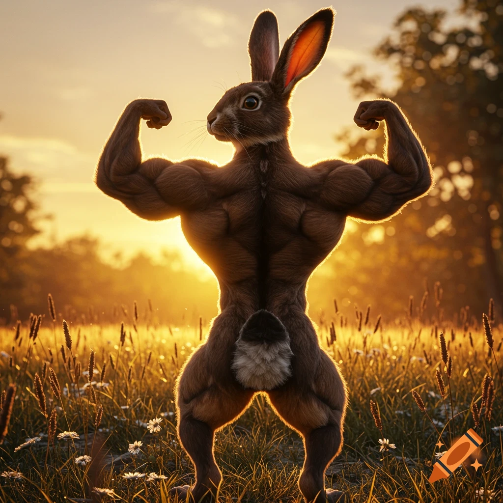 A muscular, photorealistic rabbit stands in a field at sunset, flexing its strong back muscles.