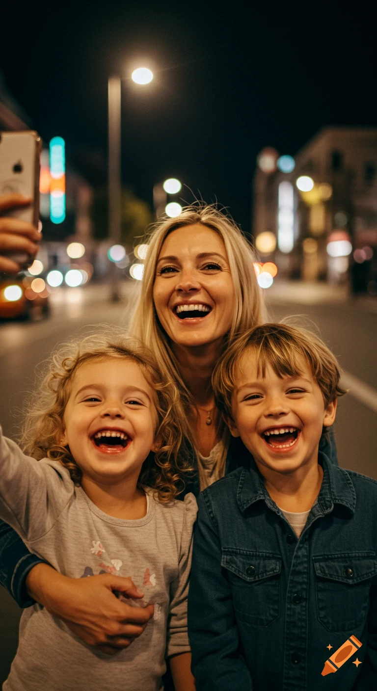 A mother and her two young children smile and laugh while taking a selfie on a city street at night.