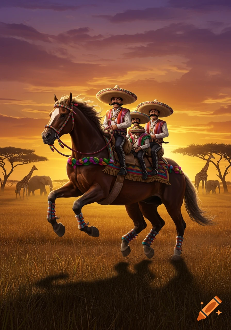 Three Mexican men wearing sombreros and colorful ponchos ride a brown horse through an African savannah at sunset. Giraffes and elephants are in the distance.