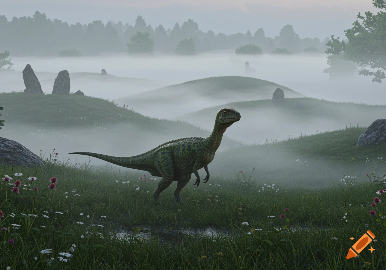 A small, green dinosaur stands in a foggy, grassy field with scattered flowers and large stones.
