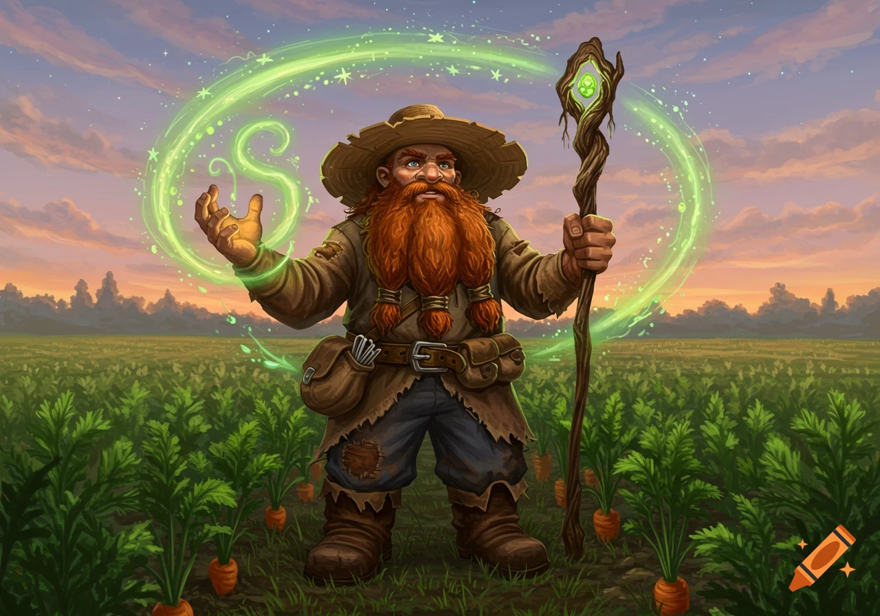 A bearded dwarf wizard in a straw hat and ragged clothes, casting green magic in a carrot field at sunset, holding a gnarled staff.