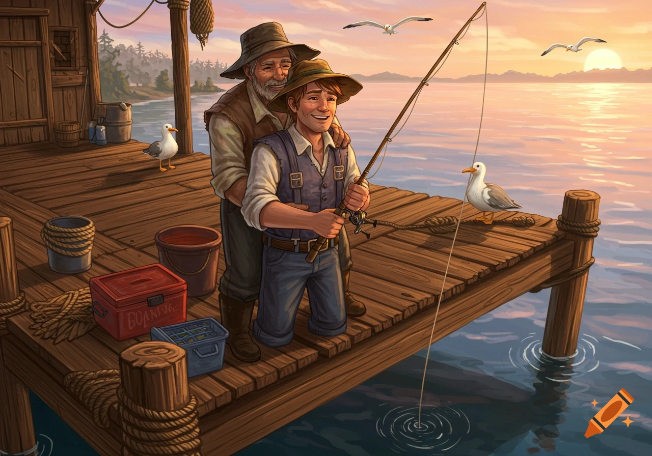 An older man embraces a younger man as they fish together off a wooden dock at sunset.