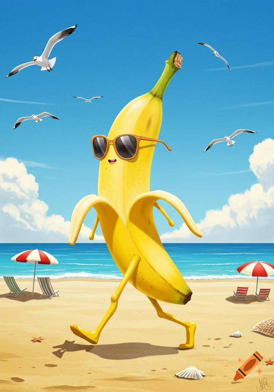A cheerful, peeled banana character with legs and sunglasses walks on a sunny beach with seagulls flying overhead.