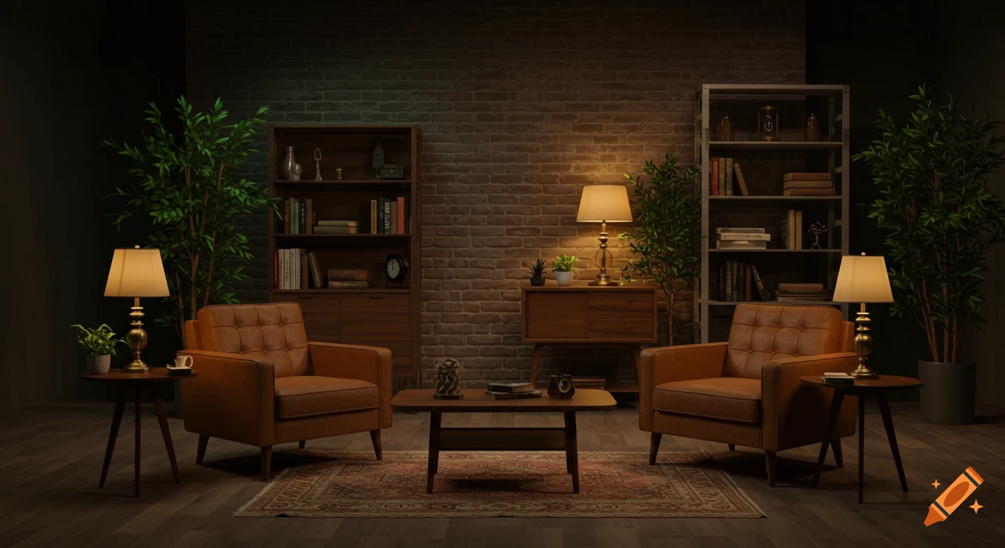 A dimly lit, cozy living room interior with two brown leather armchairs, side tables with lamps, a coffee table, bookshelves, and plants against a brick wall.