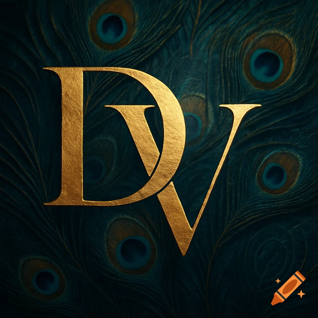 A golden, metallic 'DV' monogram sits against a dark teal background patterned with peacock feathers.