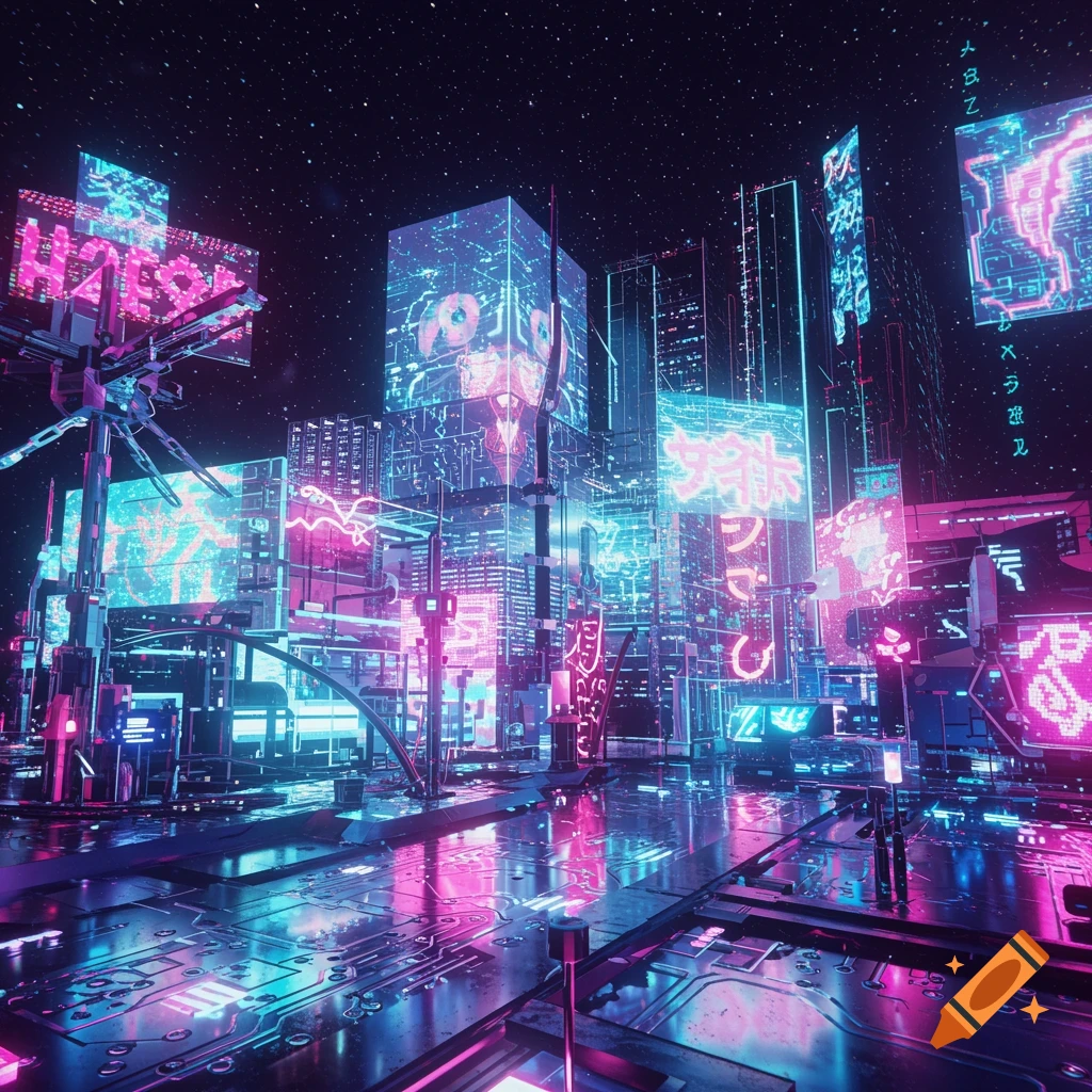 A vibrant cyberpunk city at night, with towering skyscrapers illuminated by neon pink and blue lights under a starry sky.
