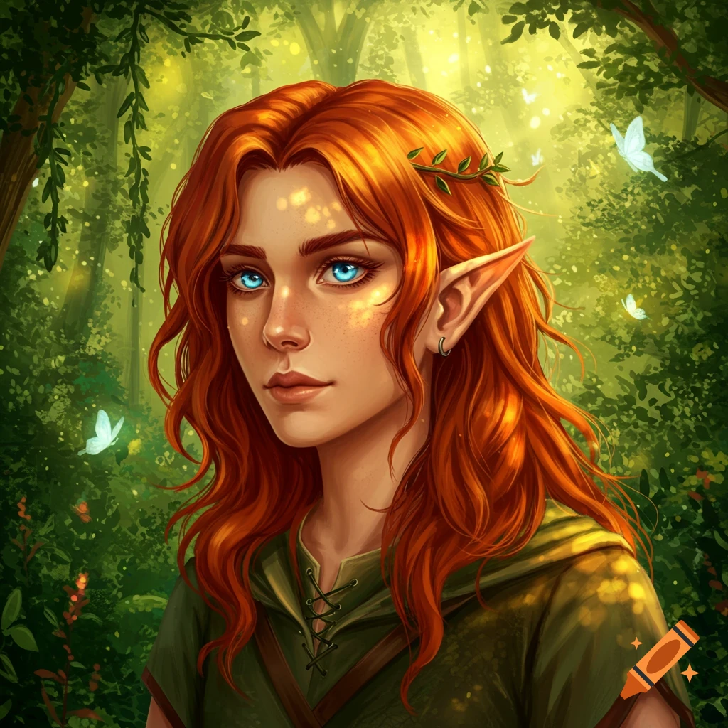 A vibrant fantasy portrait of a red-haired elf woman with blue eyes in a lush green forest, with light filtering through the trees.