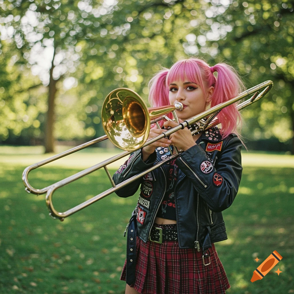Photorealistic portrait of a young woman with pink pigtails and alternative clothing playing a trombone in a park.