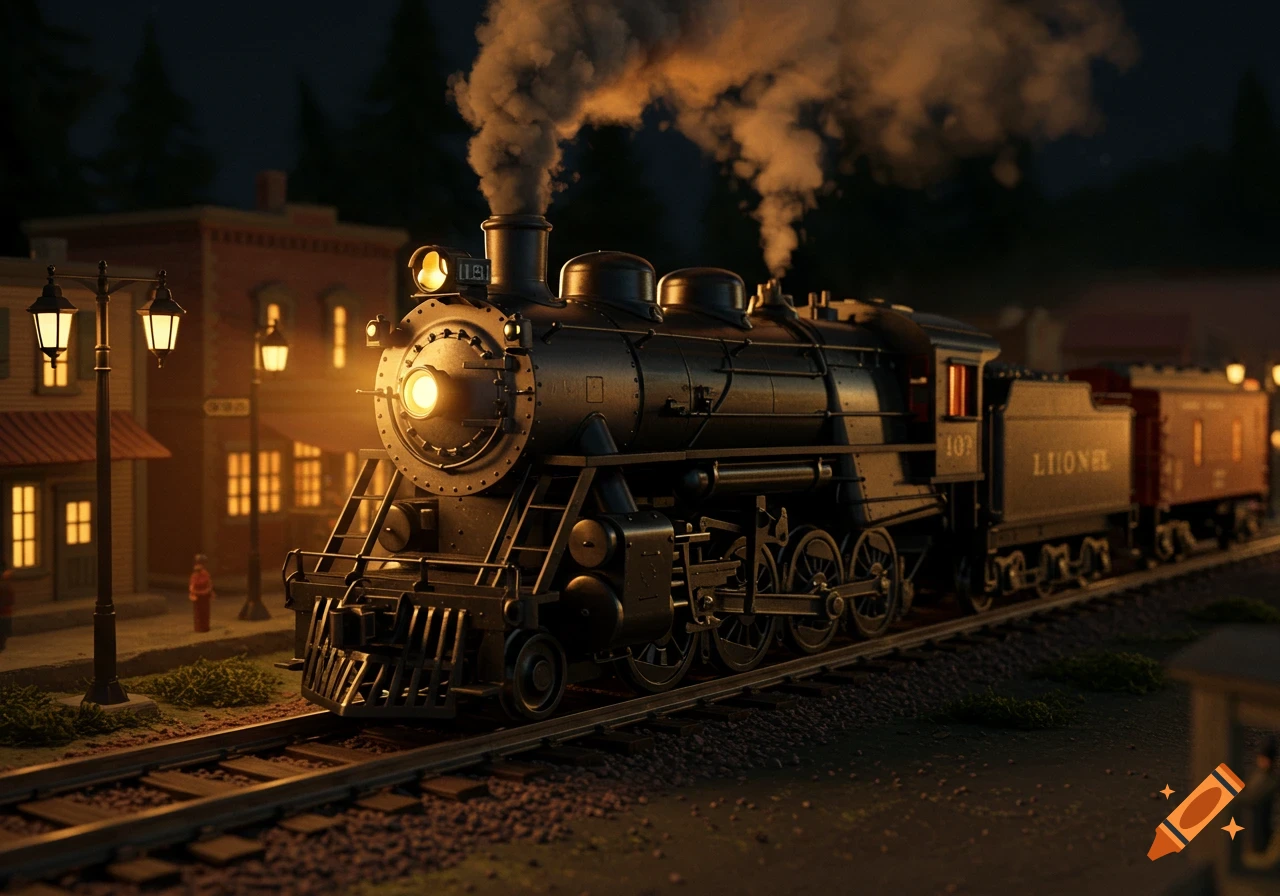 A detailed, realistic model of a black steam train with an illuminated headlight and smoke, on tracks at night in a miniature town.
