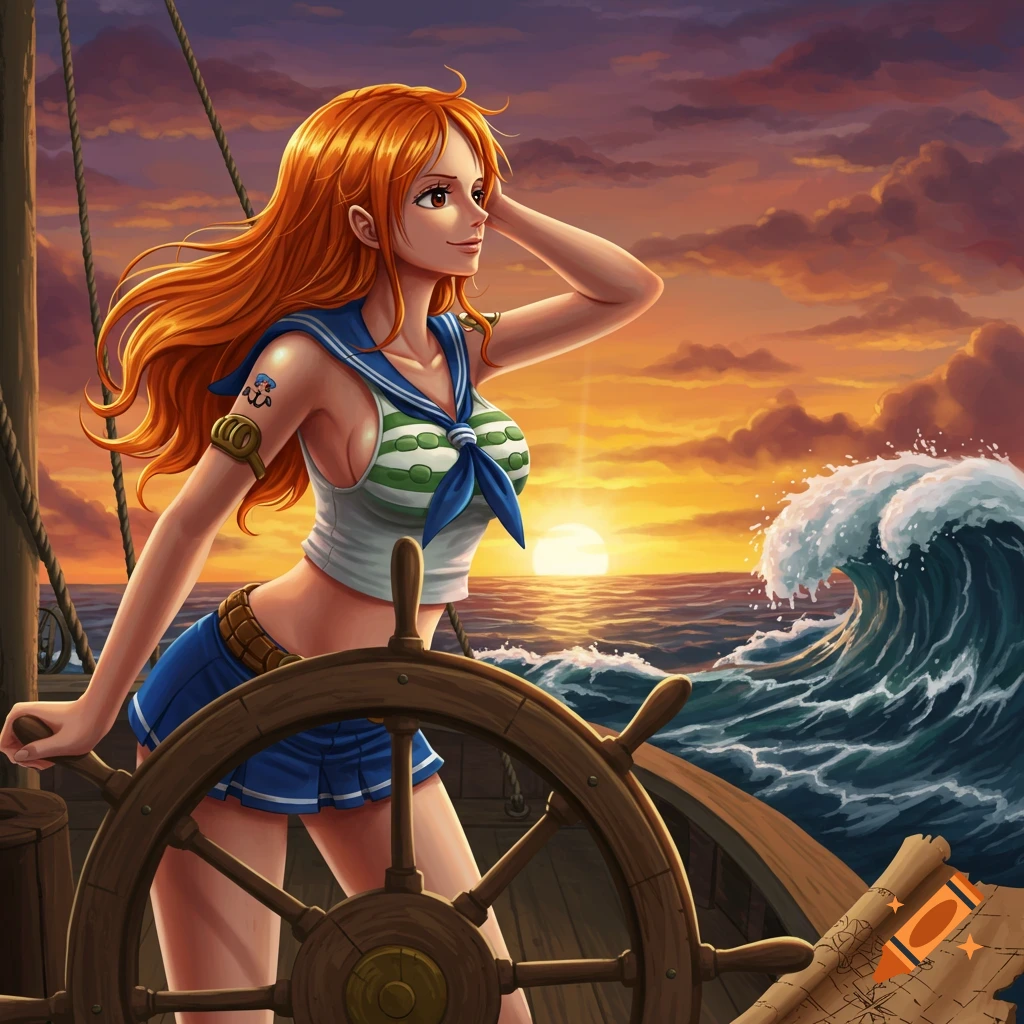 An anime illustration of Nami from One Piece, in a sailor outfit on a ship's deck, gazing at the ocean during sunset with a large wave in the background.