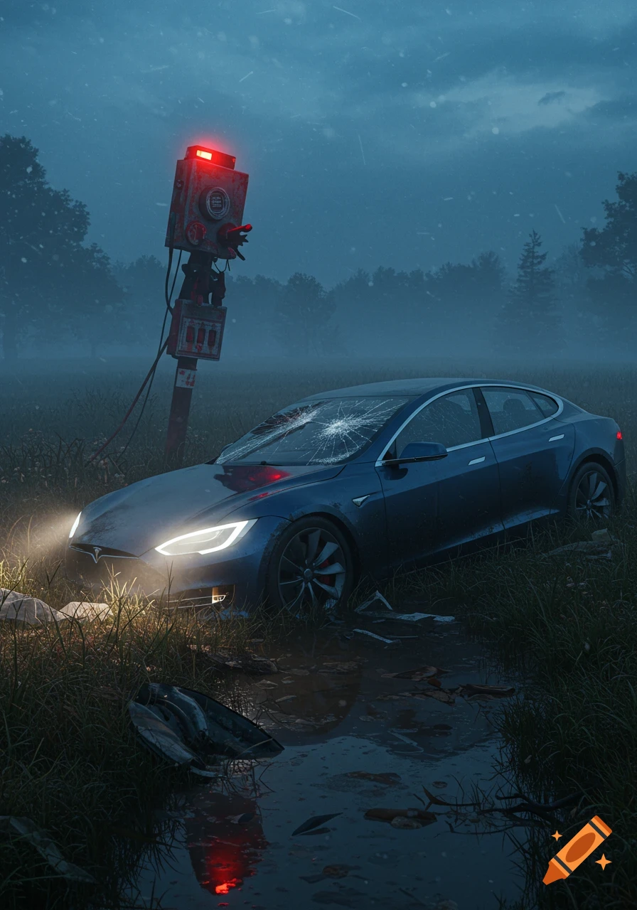 A dark blue Tesla crashed in a grassy ditch on a stormy night, with a broken emergency intercom nearby.