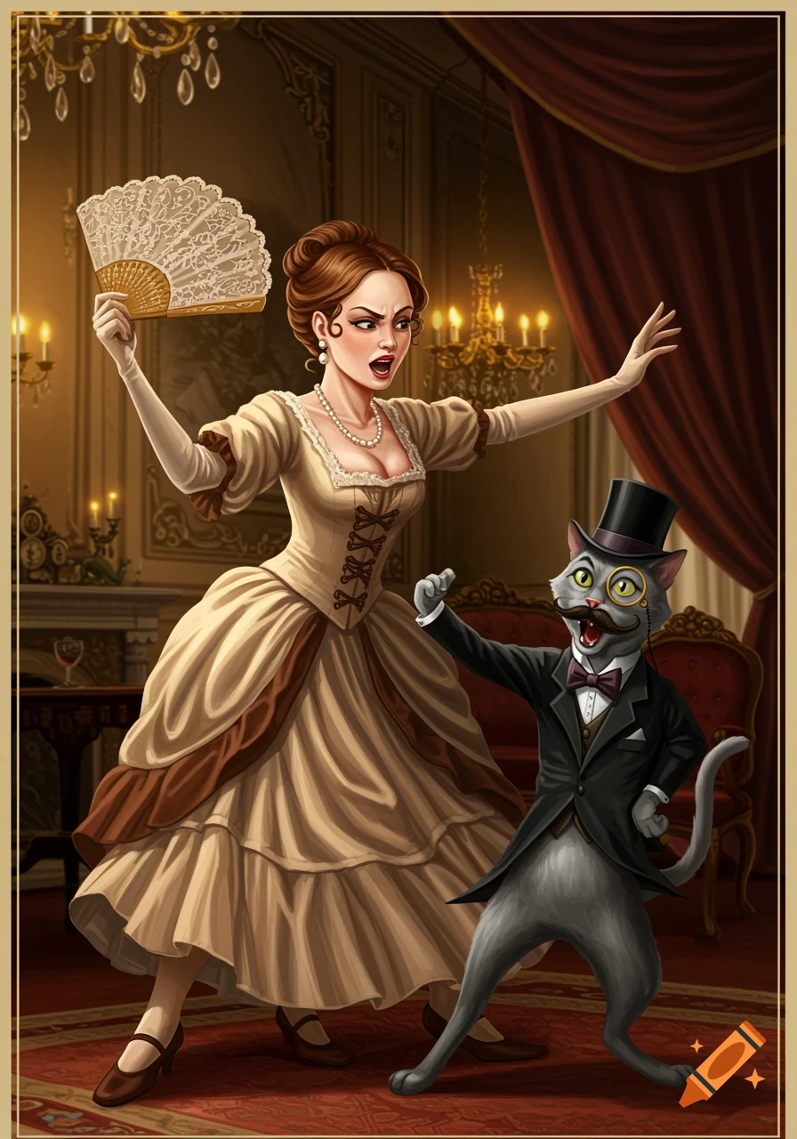A woman in a historical gown fends off a well-dressed cat with a fan in a grand, ornate room, illustration.