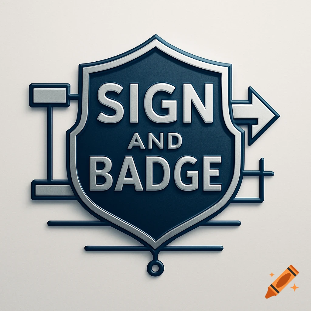 A 3D embossed blue and silver shield logo with 'SIGN AND BADGE' text, surrounded by abstract lines.
